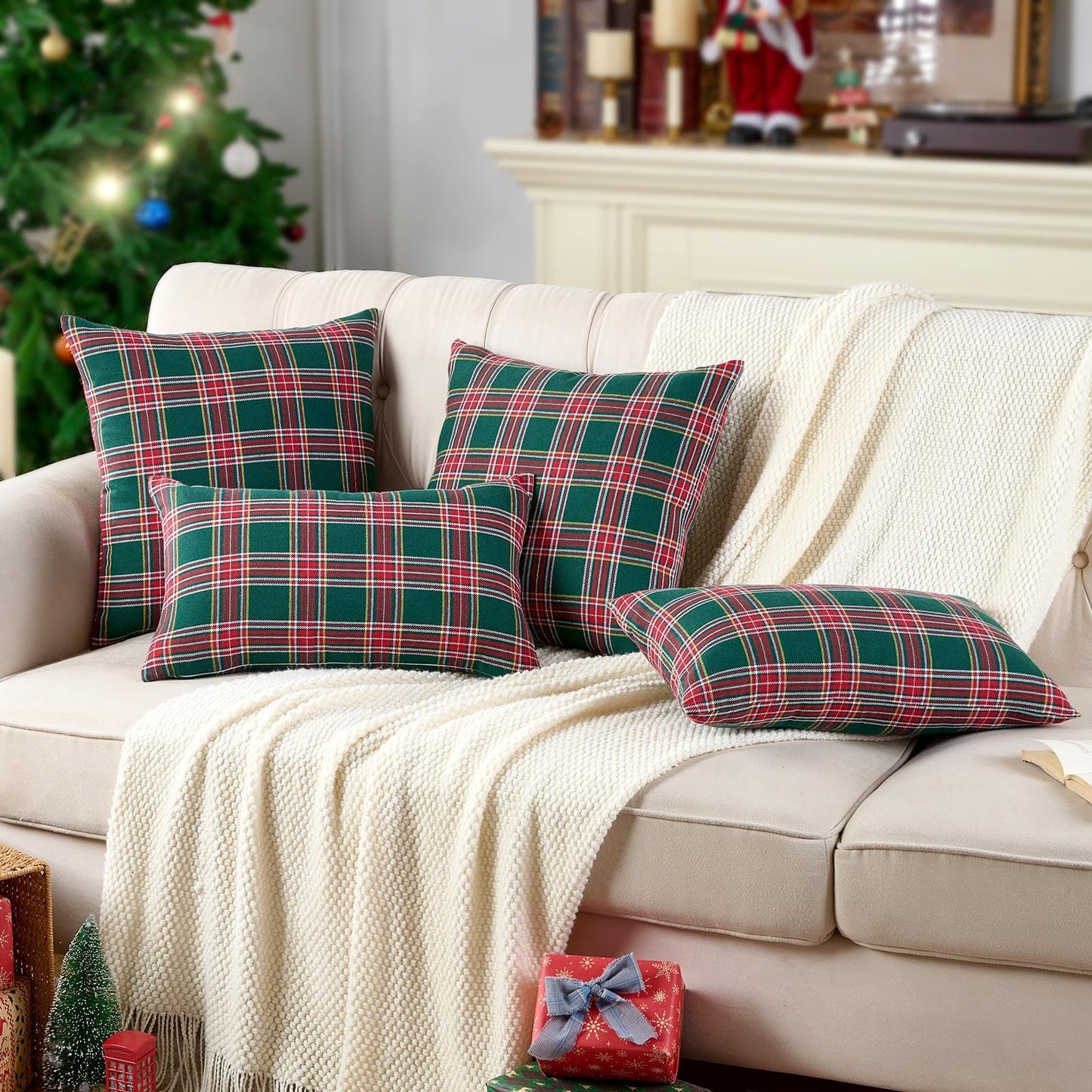 Green Tartan Plaid Christmas Decorative Throw Pillow Covers 18x18 Set of 2, Green Farmhouse Christmas Decor Buffalo Plaid Pillows for Couch & Living Room, Traditional Country Xmas Decorations
