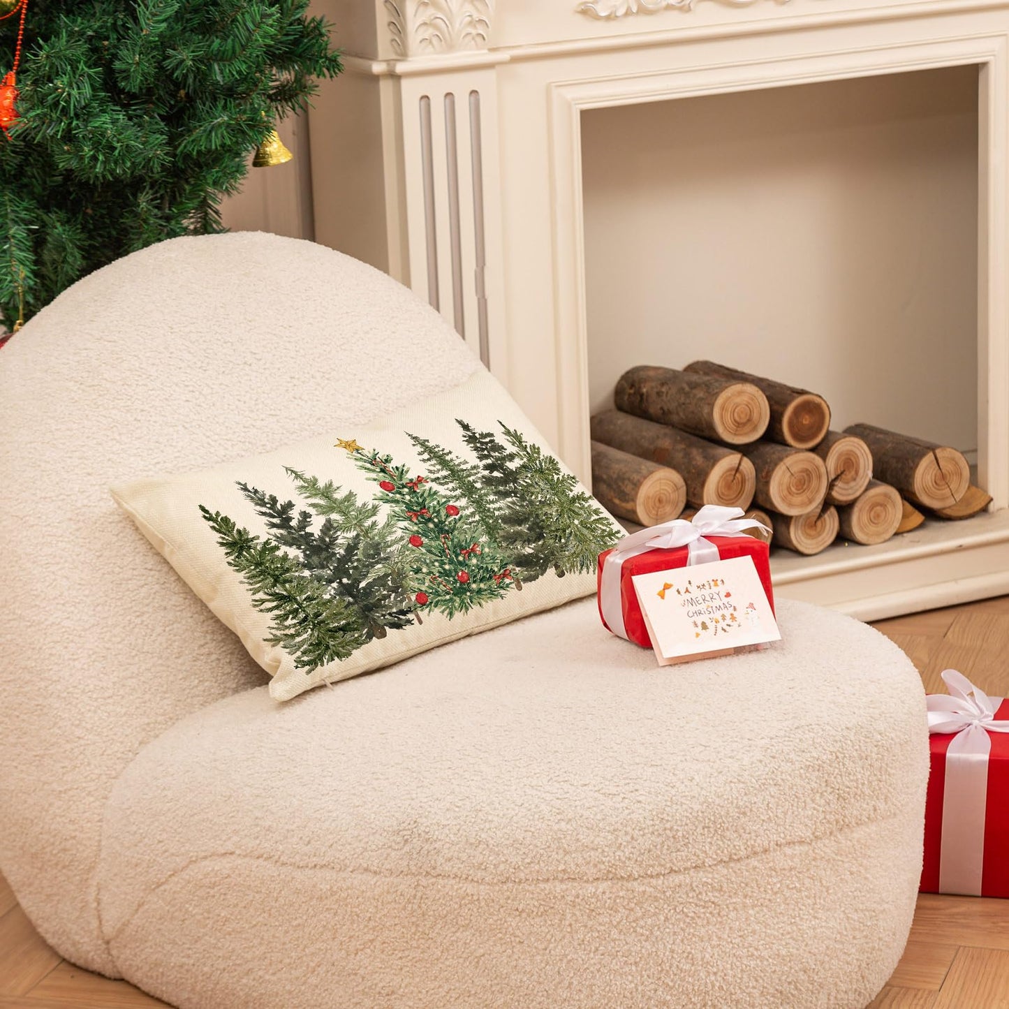 Christmas Rectangle Pillow Cover Watercolor Xmas Pine Tree Throw Pillow Case 12 x 20 Inch Cushion Cover for Winter Party Home Farmhouse Couch Sofa Car