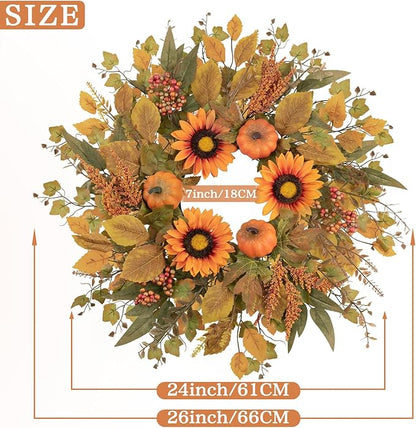 Fall Wreaths for Front Door 24 Inch Thanksgiving Autumn Wreath with Artificial Pumpkin Eucalyptus Sunflower Leaves Harvest Halloween Decorations Porch Farmhouse Outdoor Indoor Home Hanging Decor