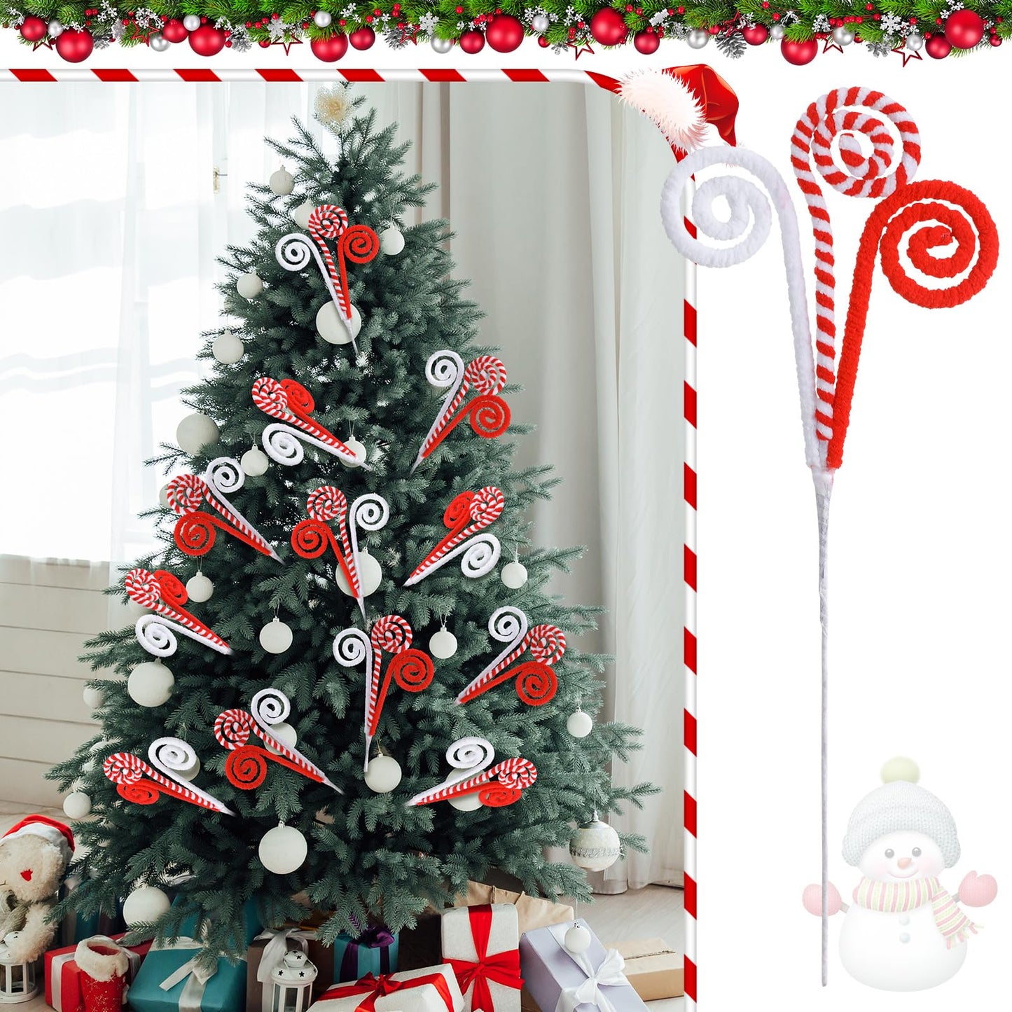 Gerrii 16" Red White Christmas Tree Pick Decor Candy Cane Xmas Ornament Peppermint Curly Pick Spray Lollipop Stem Large Tree Topper Branch Elf Stick for Home Wreath Vase Filler Craft Holiday Party