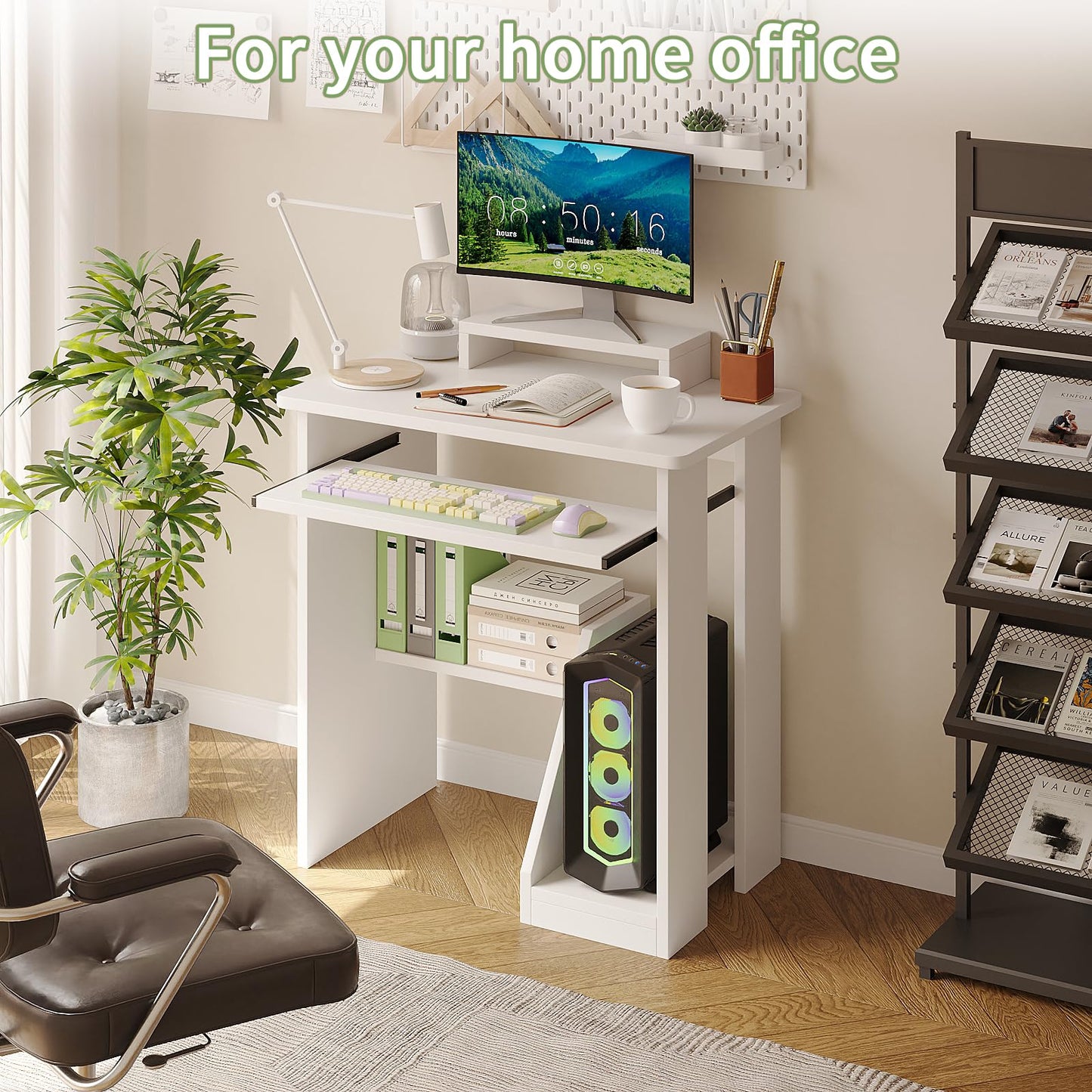 ALISENED 30" Small Computer Desk with Keyboard Tray Monitor Stand, Study Writing Desk with Storage Shelves, Modern Workstation for Small Spaces, Save Space, White