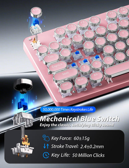 Typewriter Mechanical Gaming Keyboard and Mouse, Metal Panel Retro Keyboards with Round Keycap Blue Switch, Rainbow LED Backlit 104-Key Anti-Ghost Wired Mouse and Pad Combo for PC Laptop Mac Gamer