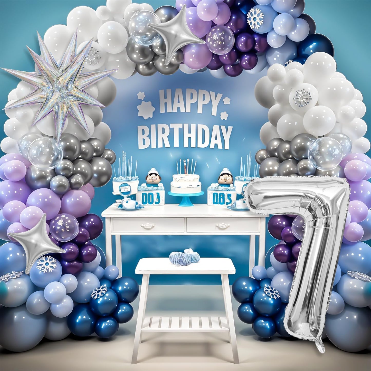 Snow 7th Birthday Decorations Girl, Snowflake Balloon Garland Arch Kit, Laser Explosion Star Balloons, Silver Number 7 Balloon Tower for Baby Shower Girls 7th Snow Theme Party Supplies
