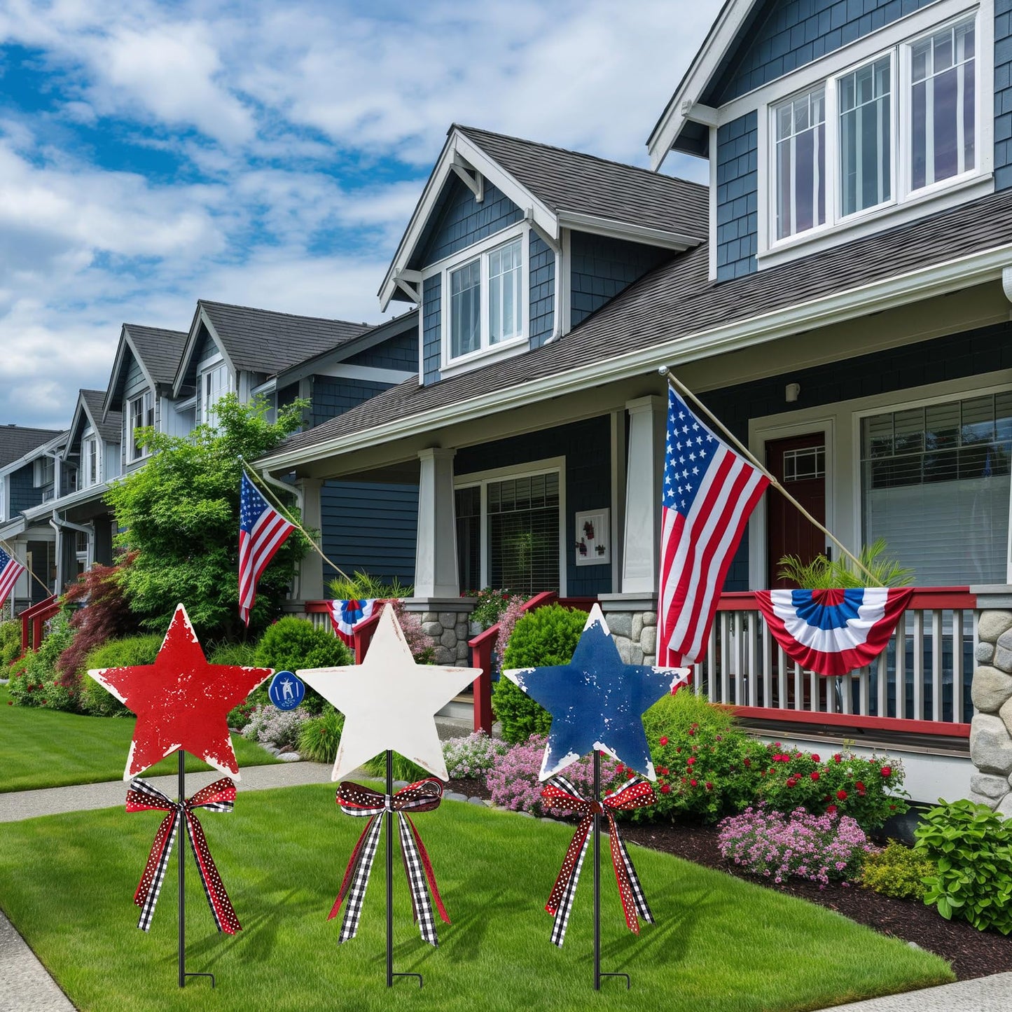 Amyhill 4th of July Outdoor Decor Patriotic Star Metal Garden Stakes Welcome Yard Signs Retro Red White Blue American Star Garden Stakes for 250th Anniversary Patio Lawn Walkway Outside Decorations