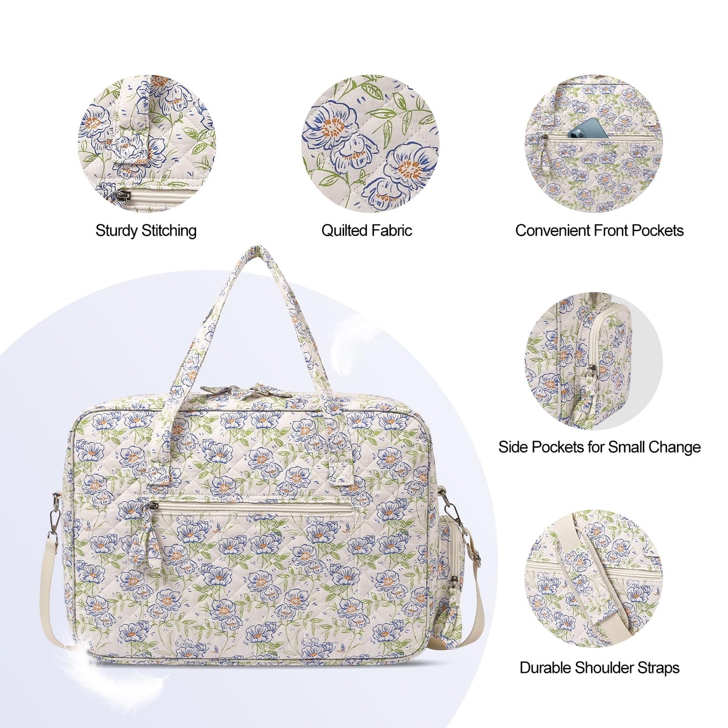 Quilted Duffle Bag for Women, Quilted Weekender Bag, Quilted Travel Bag, Large Floral Duffle Bags with Adjustable Straps