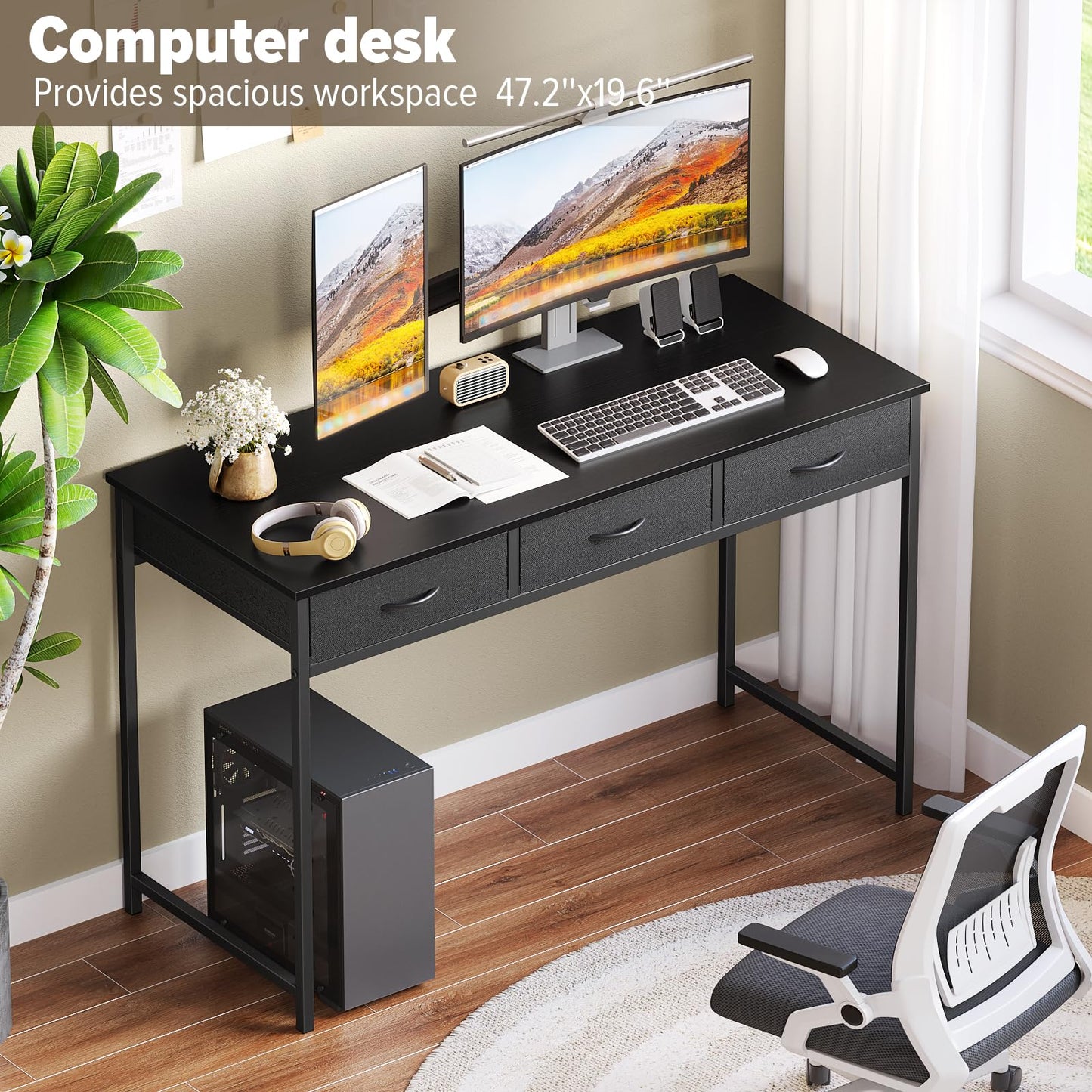 WOHOMO Computer Desk with 3 Drawers, 47.2 Inch Small Vanity Desk with Storage, Home Office Bedroom Desk for Small Spaces, Modern Work Writing Study Gaming Tables, Black