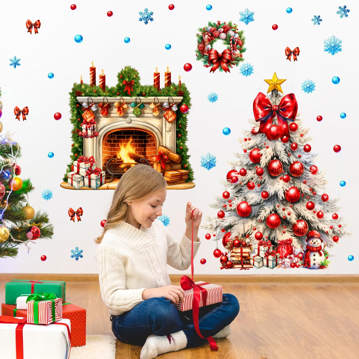Christmas Tree Wall Stickers Xmas Fireplace Wall Decals Peel and Stick Winter Snowflake Wall Decals Winter Holiday Snow Fireplace Tree Window Decal Christmas Window Stickers Party Decorations