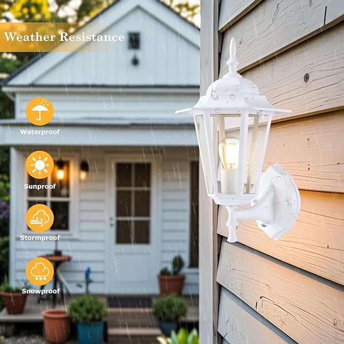 GRUENLICH Dusk to Dawn Outdoor Wall Sconce, Exterior Front Porch Lighting with Clear Glass, White Aluminum Outside Coach Light for Patio Doorway Garage, 2 Pack
