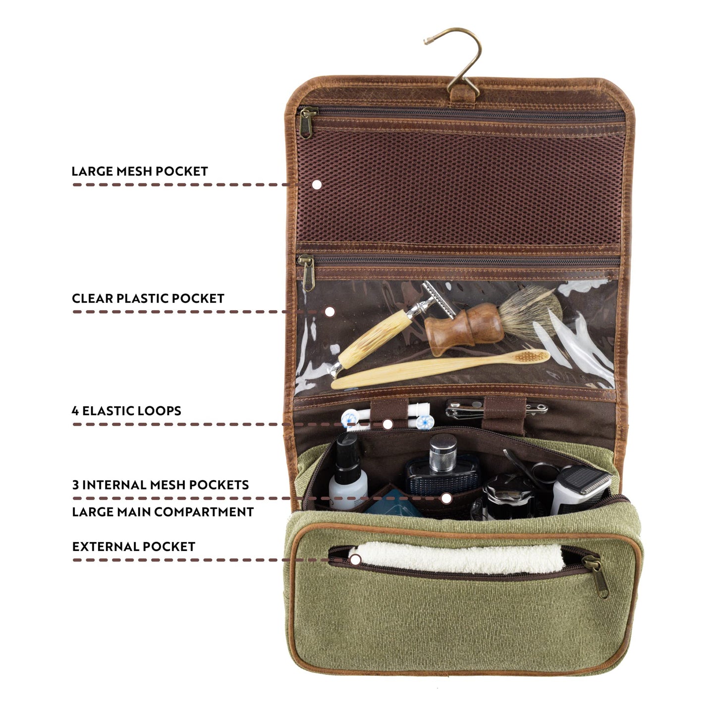 moonster Hanging Toiletry Bag for Men & Women, Leather Travel Bag with Hanging Hook, Dopp Kit Shower Bag