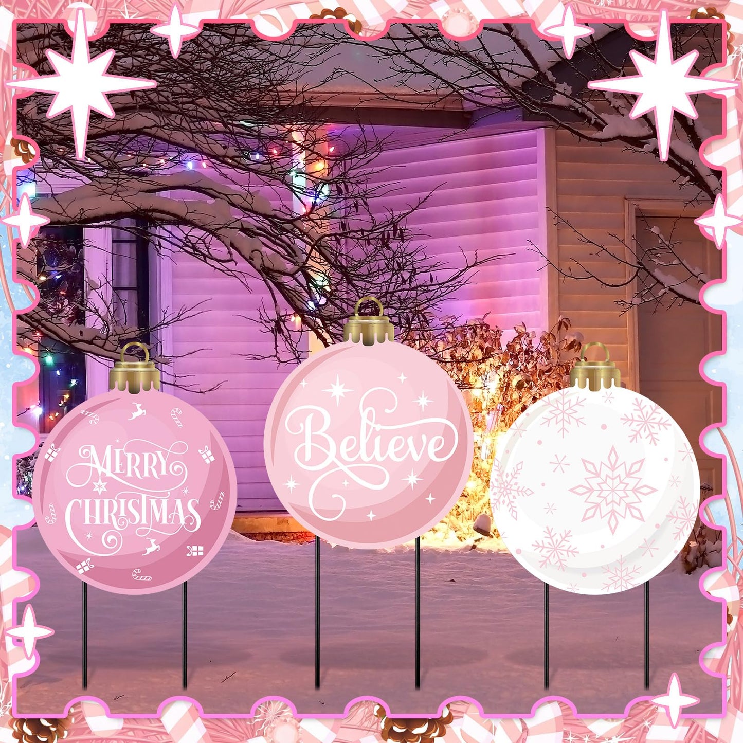 MorningRo 3 Pcs Pink Christmas Balls Yard Signs 20'' H Metal Outdoor Waterproof Xmas Yard Sign Stake with Snowflake Believe Merry Christmas Design for Porch Patio Lawn Garden Pathway Holiday Decor