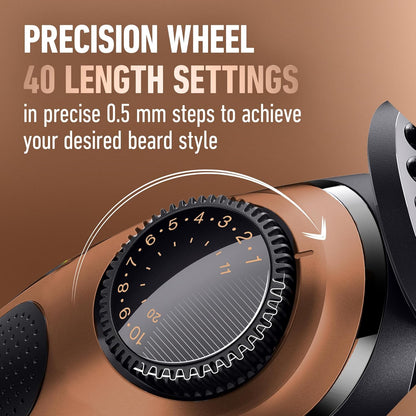 King C. Gillette Beard Trimmer PRO with 40 beard length settings in precise 0.5mm steps, cordless design & 1 trimmer, 1 brush, 2 combs, 1 charger and 1 T-blade