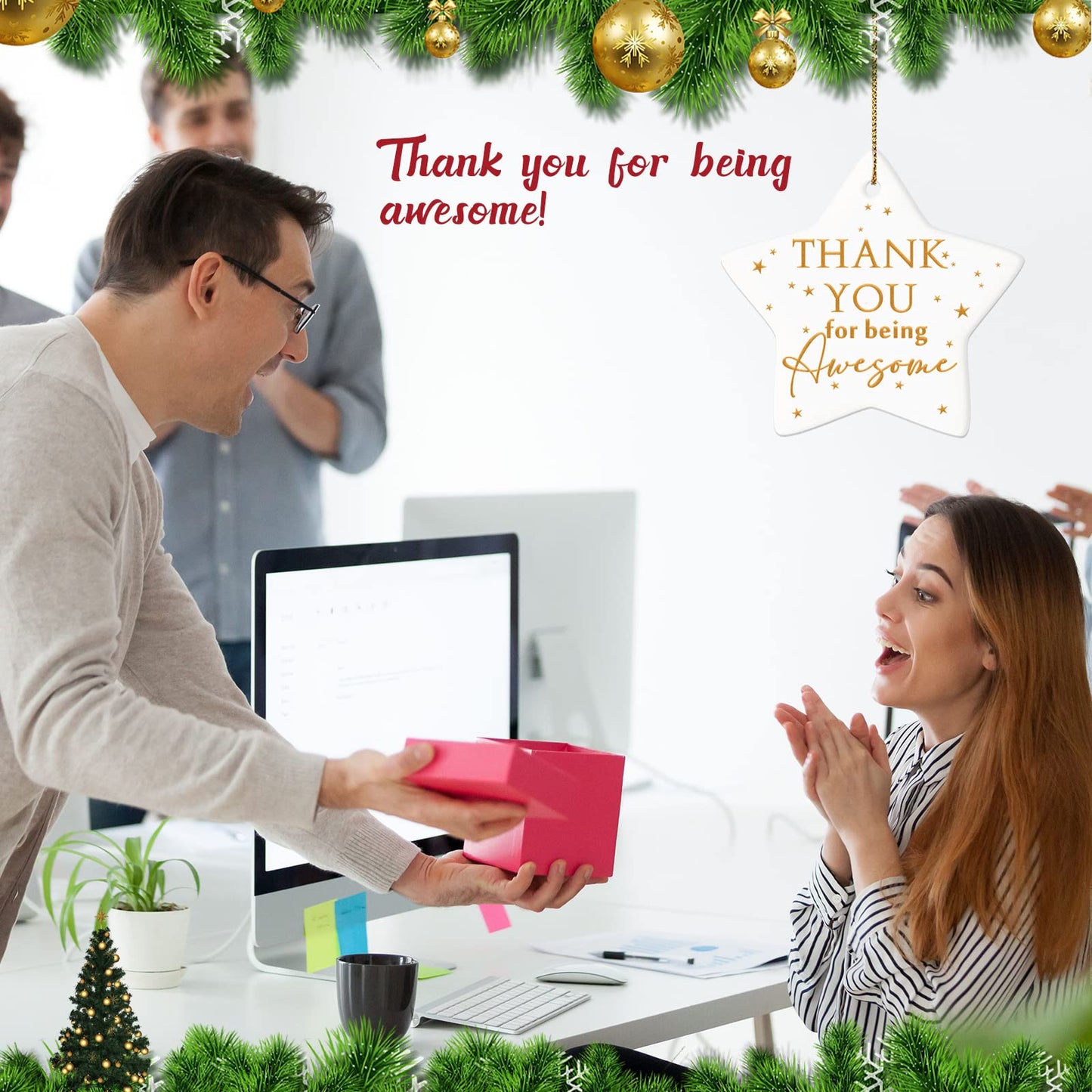 Sieral 6 Pcs Thank You Ornaments Bulk Christmas Office Gifts for Coworker Employee Star Ceramic Double Sided Thank You for Being Awesome Xmas Decor Inspirational Gift Teacher Nurse Team Customers