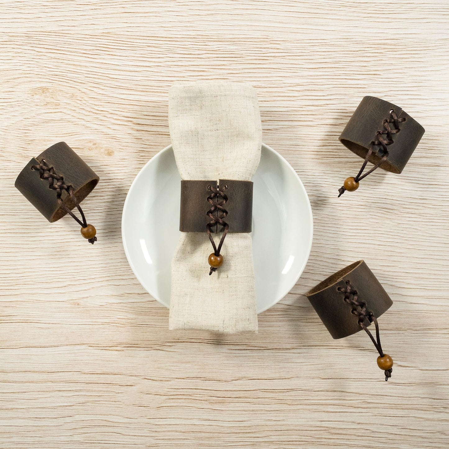 Hide & Groom, Set of 4 Napkin Ring Holders for Wedding Ceremonies, Dinner Parties, Adornment for Table Settings, Full Grain Leather, Handmade, Bourbon Brown
