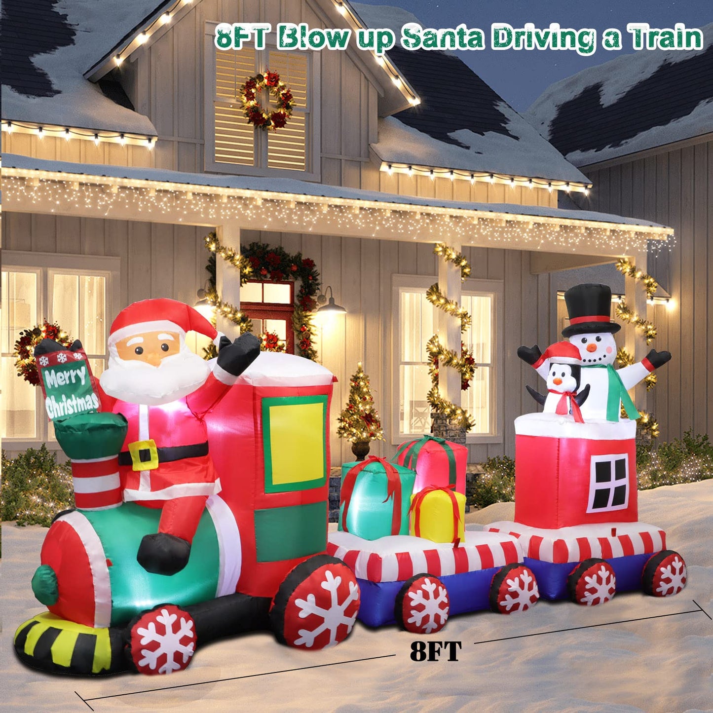 8 FT Christmas Inflatable Train with Santa Claus, Snowman, Penguin, Gift Boxes, Blow Up Yard Decorations with Built-in Lights, Lovely Xmas Train Carriage for Holiday Display Lawn Garden Party Decor