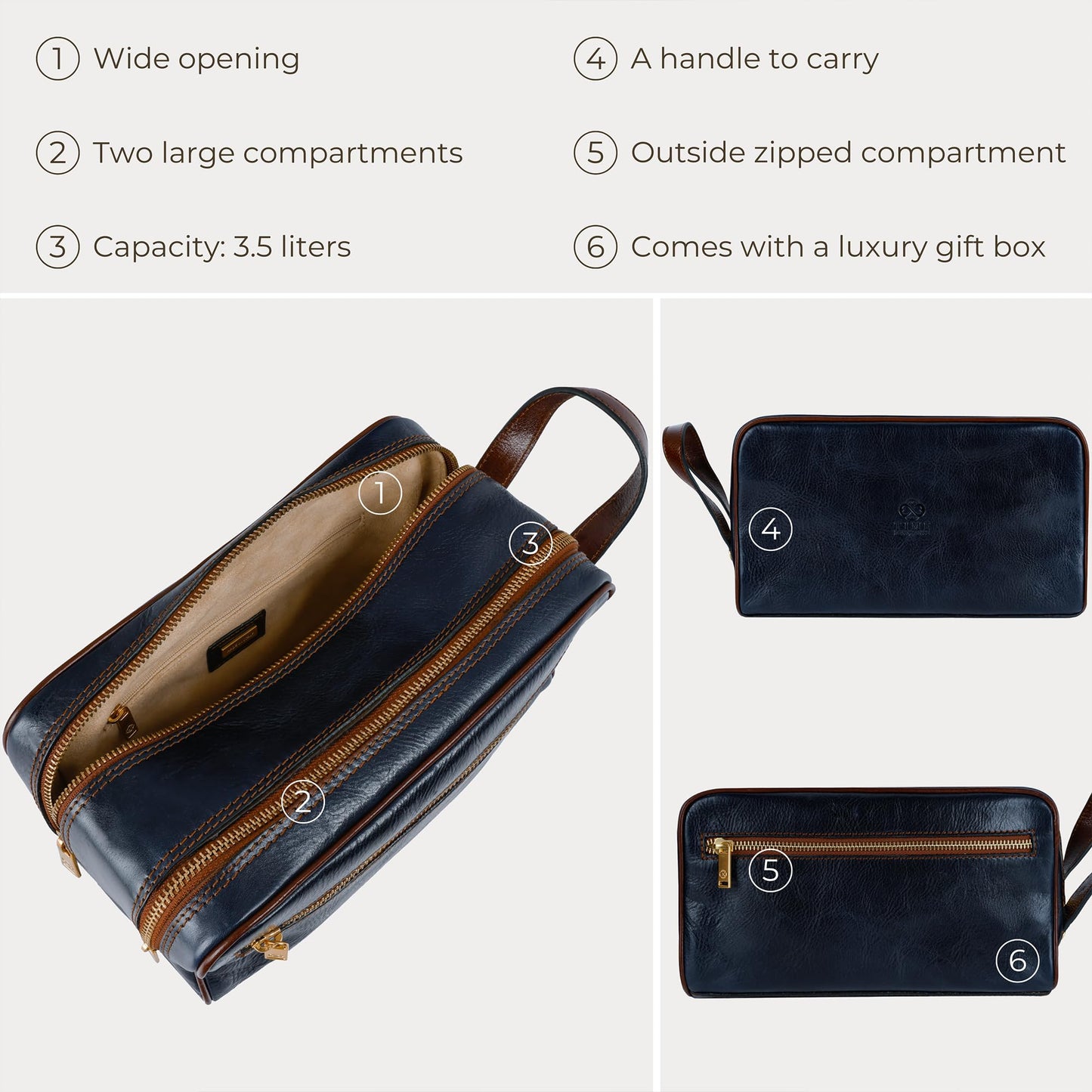 Time Resistance Leather Cosmetic Bag - Italian Toiletry Dopp Kit (Blue)