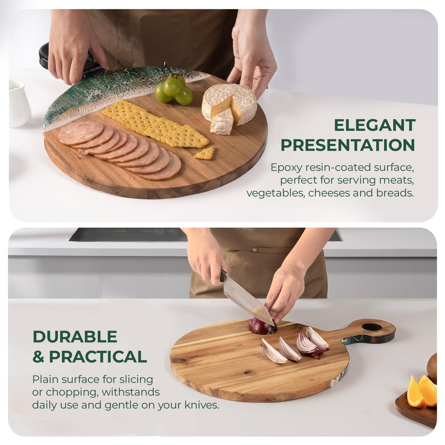 VWOOX Acacia Wood Serving Board with Ocean Resin Art, 18.1" x 13" Charcuterie Cheese Tray for Display & Prep, Cutting Board on Back, Includes Stand & Loofah, Christmas Housewarming Gift (Round)
