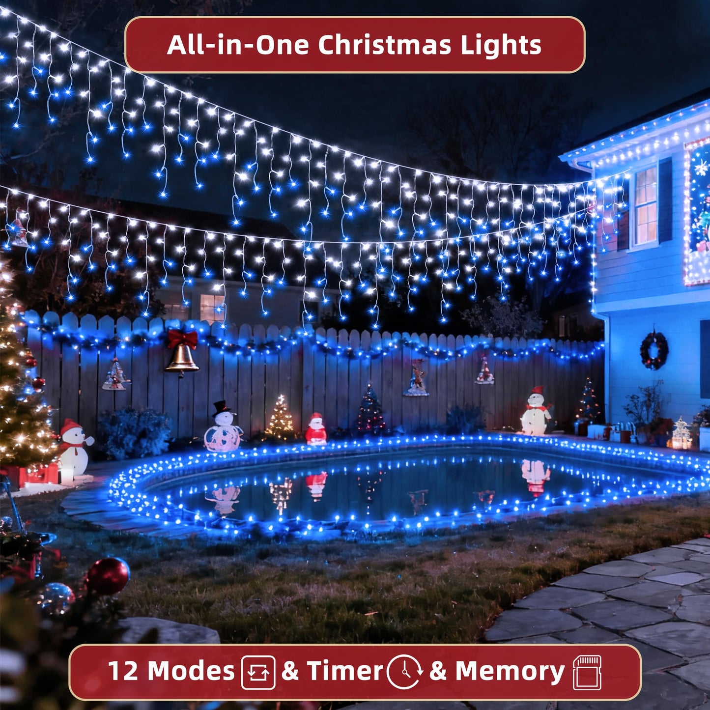1332 LED 132ft Christmas Lights with 296 Drops, 12 Lighting Modes Blue & White Christmas Decoration Twinkling Lights Dimmable, Timer Outdoor Waterproof Fairy Lights for Indoor Garden House Eaves Roof
