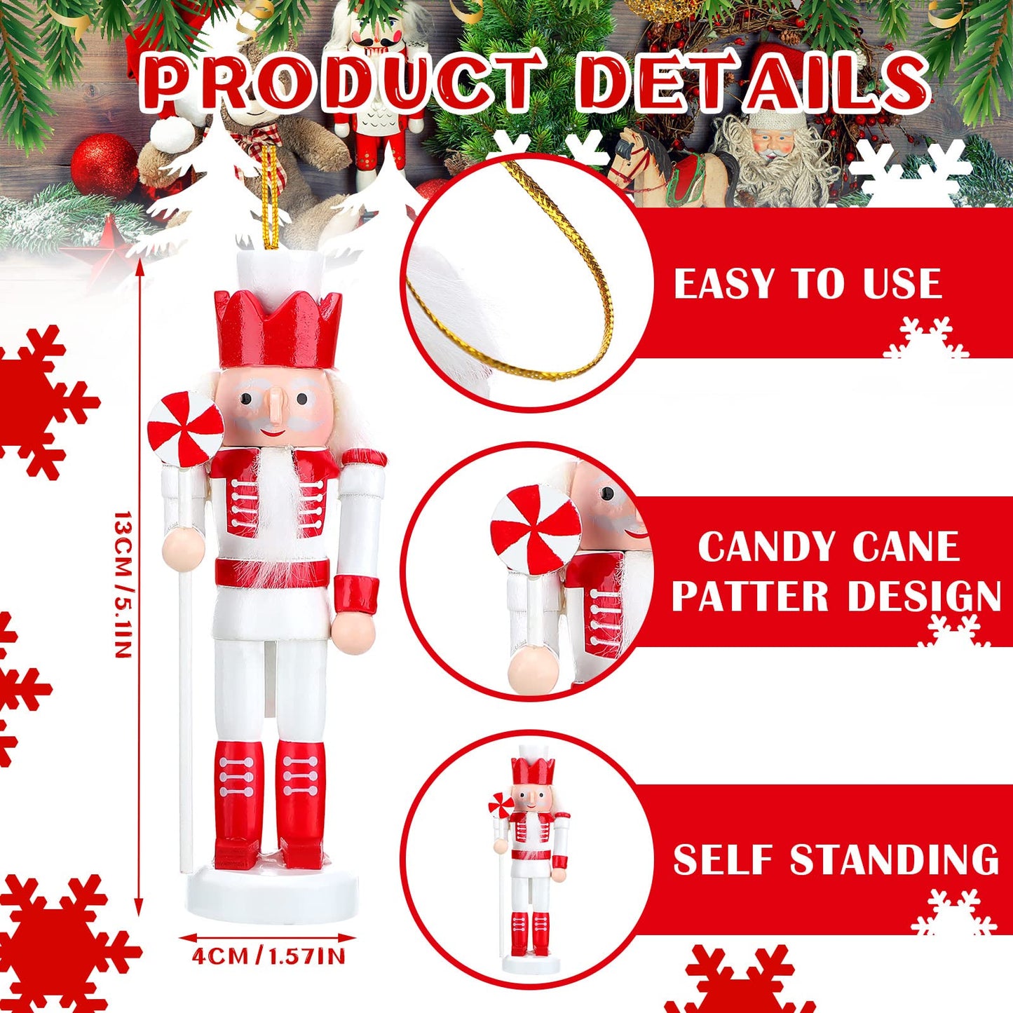 5 Set Christmas Nutcrackers Ornaments Set Glitter Candy Cane Wooden Soldier Figurines 5 Inch Pink Nutcracker Hanging Decoration Christmas Nutcracker Figures Ornaments Holiday Xmas Tree Decor