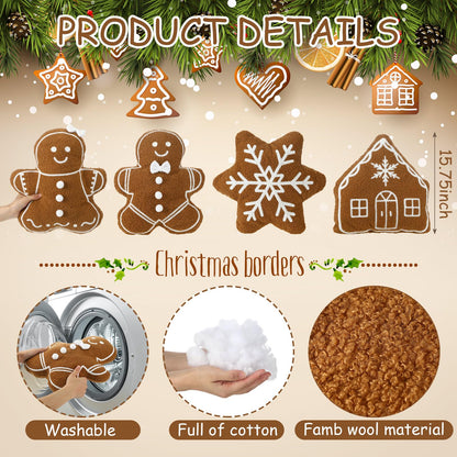 HunnmingRe 4 Pcs Christmas Throw Pillows Fall Football Plush Pillows Winter Holiday Cushion Soft Decorative Cushions for Couch Bedroom Living Room Thanksgiving Xmas Decor(Caramel,Gingerbread)