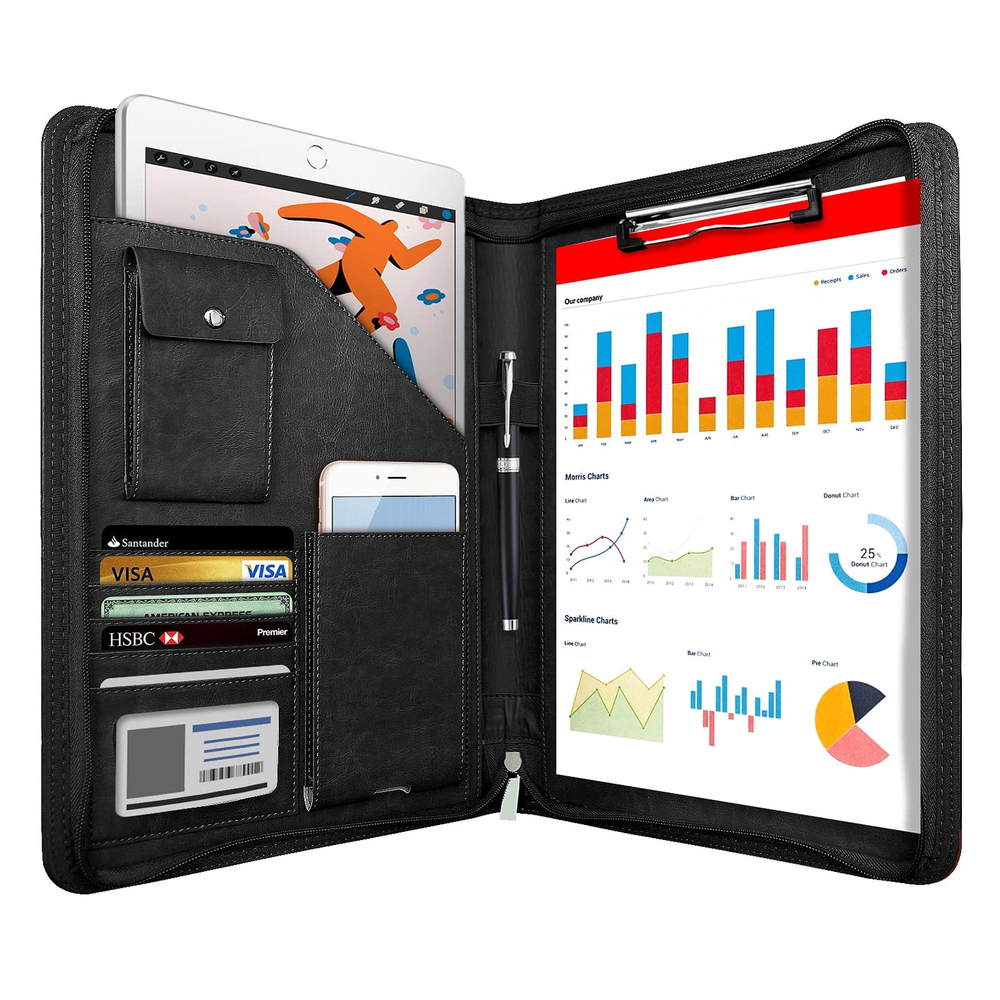 Zippered Padfolio Organizer, WRIYES Leather Planner Binder, 10.2 Inch Portfolio Folder for Documents, Letter Size Business Card Holder for Men&Women (Black)