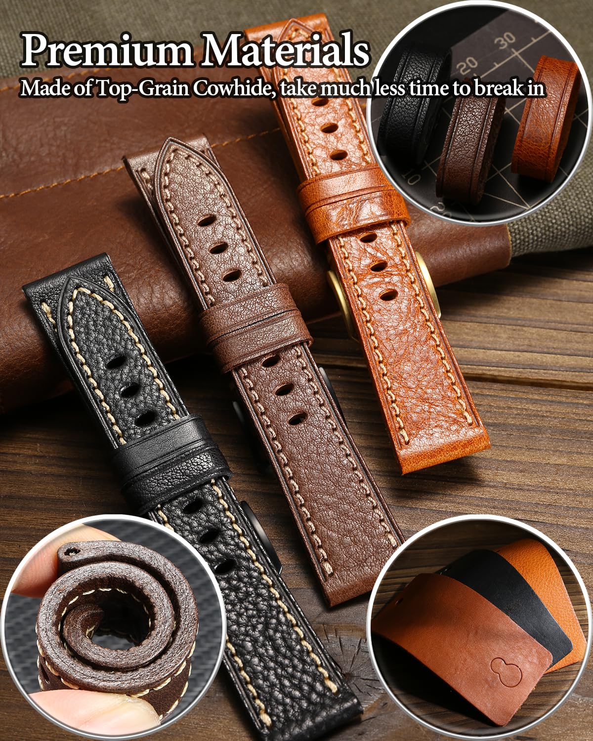 REZERO Leather Watch Straps, Italian Top Grain Leather Watch Band Replacements, Vegetable-Tanned Watch Bracelets for Men, Women 18/19/20/21/22/23/24/26mm