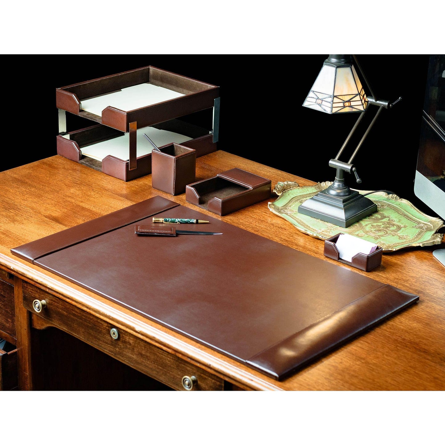 Dacasso Dark Brown Bonded Leather 8-Piece Desk Accessory Set - Organization Essentials & Executive Decor - Luxury Leather Blotter for Office Organization