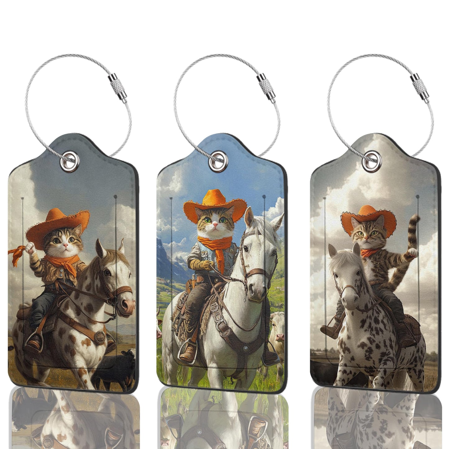 3 Pack Luggage Tag for Suitcase Leather Travel Cruise Luggage Tag with Stainless Steel Loop Name ID Label Privacy Cover for Adults Teens Travel Bag Labels Set (Cowboy Cat)