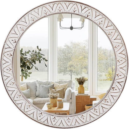 Rustic Round Wood 36 Inch Farmhouse Mirror, Wall Mount, Framed, White, Flower White, Modern & Rustic Style, Decorative Wall Mirror for Living Room, Bedroom, Entryway, Bathroom
