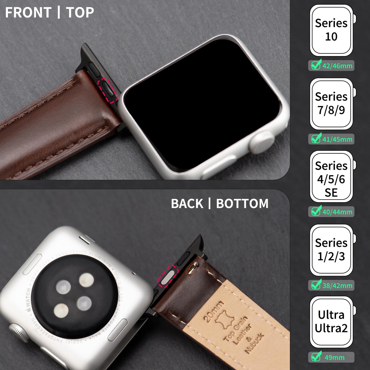 CORROPELLE Leather Watch Bands Compatible with Apple Watch 49mm 46mm 45mm 44mm 42mm, Top Grain Genuine Leather Straps Replacement Band for iWatch Series 11 10 9 8 7 6 5 4 3 2 1 SE3/2/1 Ultra3/2/1