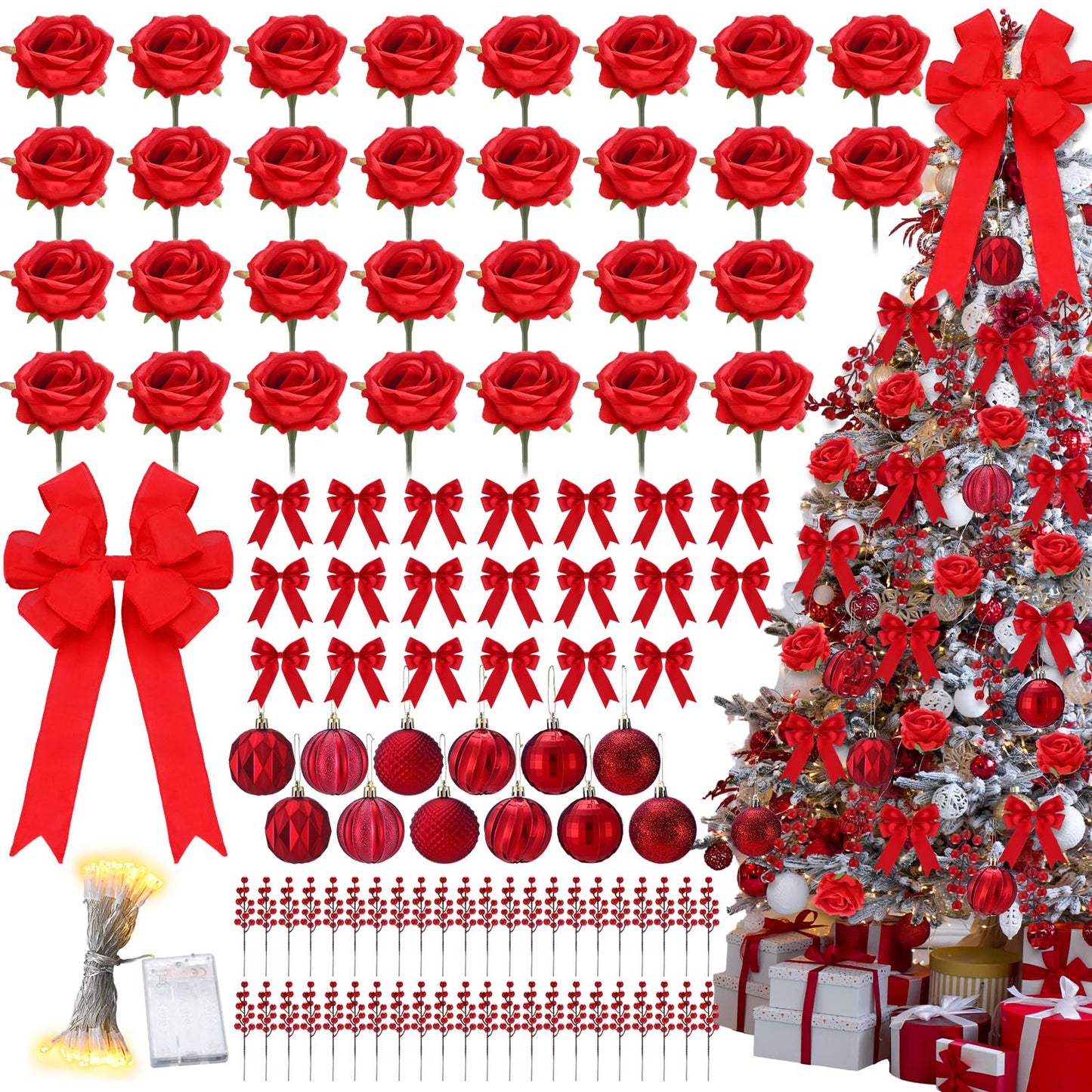 Duraaamo 134 Pcs Rose Christmas Tree Decoration Set Include Faux Red Rose Ornaments Artificial Berries Christmas Balls Ribbon Bows 16.4 ft 50 LED String Lights for Xmas Holiday DIY Crafts (Big)