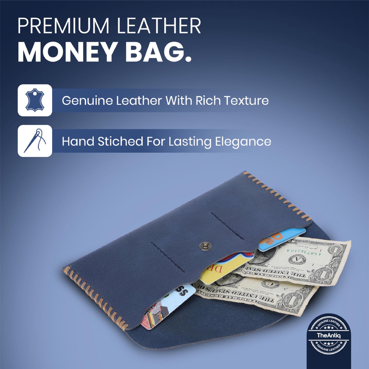 TheAntiq Navy Blue Leather Currency Pouch Money Bag with 3 Card Slots | Handmade Genuine Leather Currency Organizer For Men & Women | Dollar Bills Holder Bills Organizer
