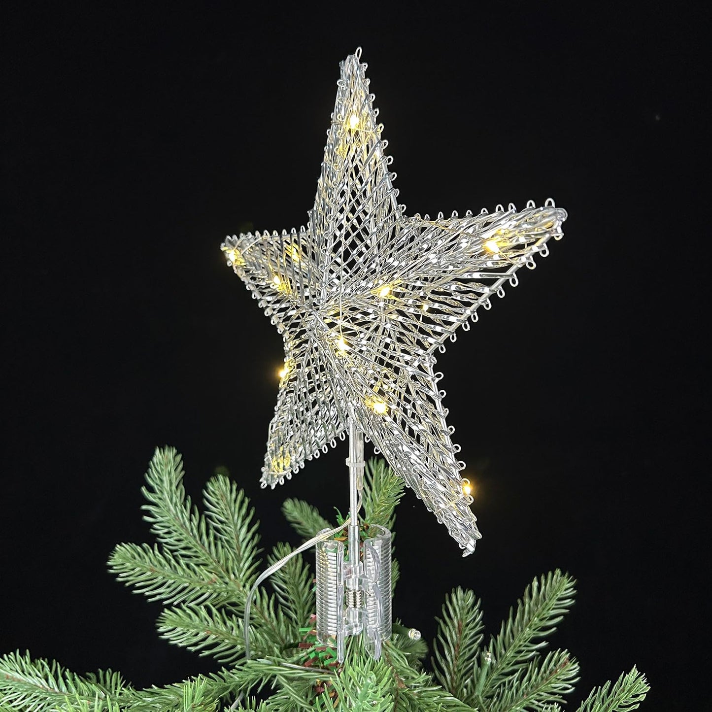 ZZZ TYLOO 11 Inch Silver Star Christmas Tree Topper, 15 LED Lighted, Metal Frame with Hand-Woven Shiny Silver PVC, Clip-On Base, Xmas Star Tree Decoration for Home