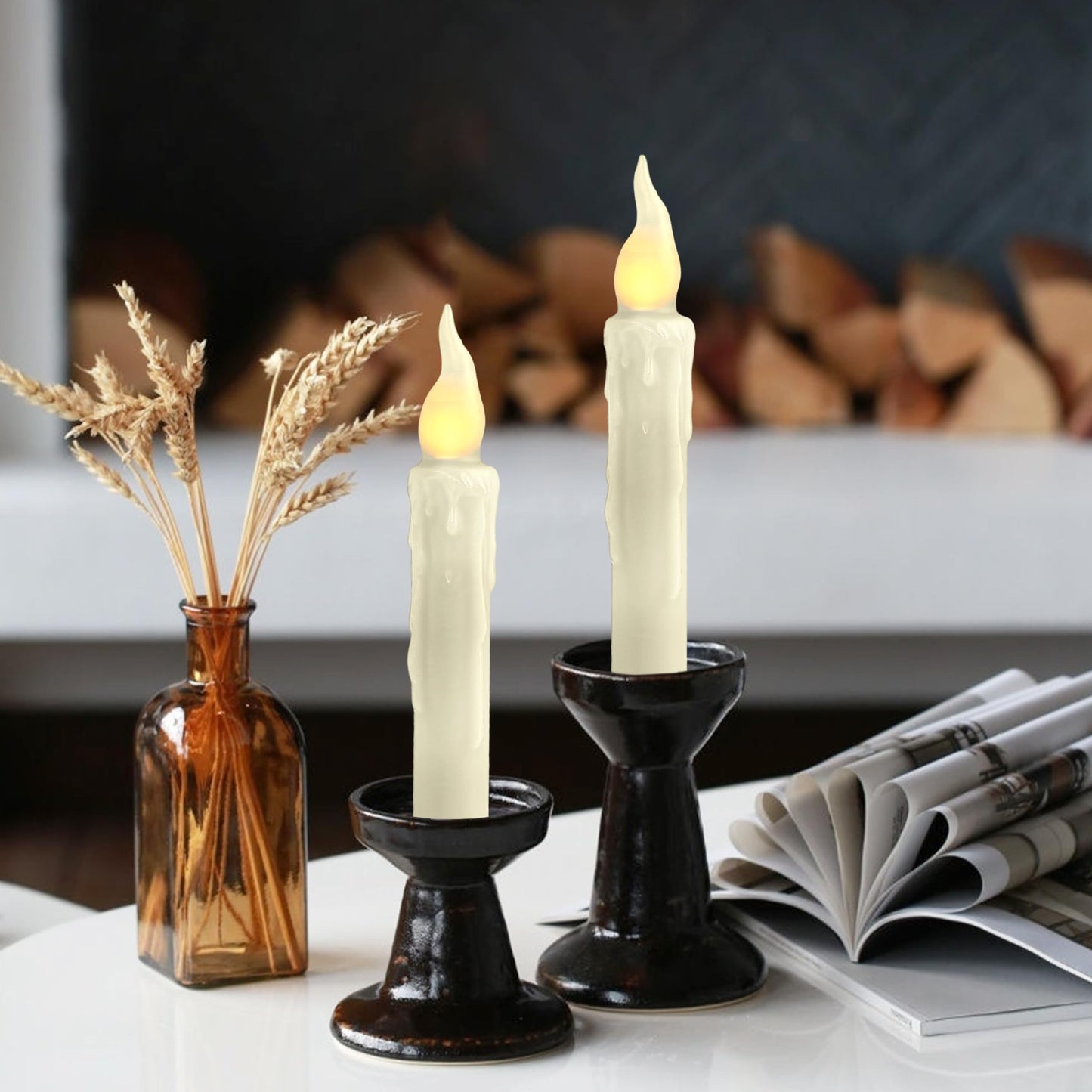 FCMSHAMD Ivory White Flameless Short Taper Candles, Real Wax Hand Dipped LED Battery Operated with Remote, Flickering Flame Lights for Festival Home Décor, 6.7 Inch Primitive Flameless Candles, 4PCS