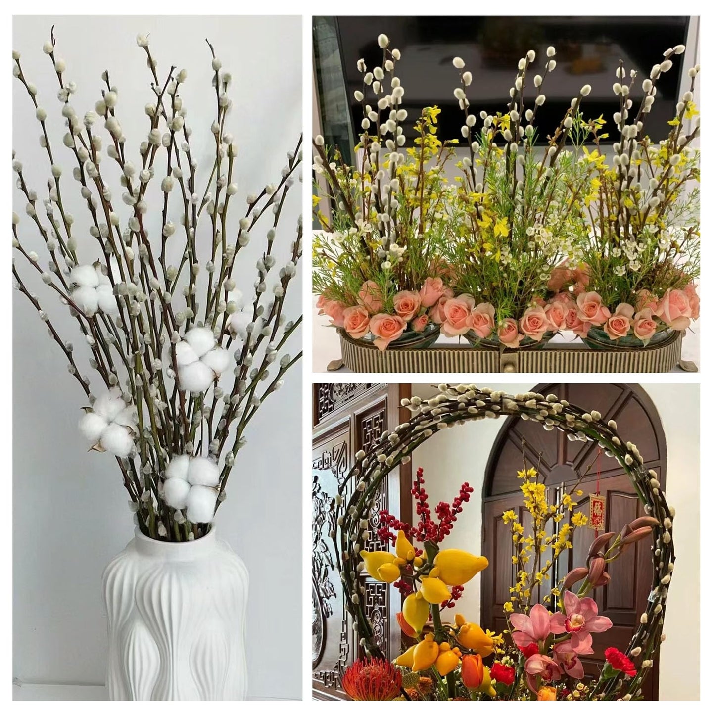 Natural Preserved Dried PussyWillow Branches for Vases, 30 Stems Real Willows, 17" Snow Pussywillows, Dried Flowers for Indoor and Outdoor Decor, Wedding Home DIY Floral Art Plants Fireplace