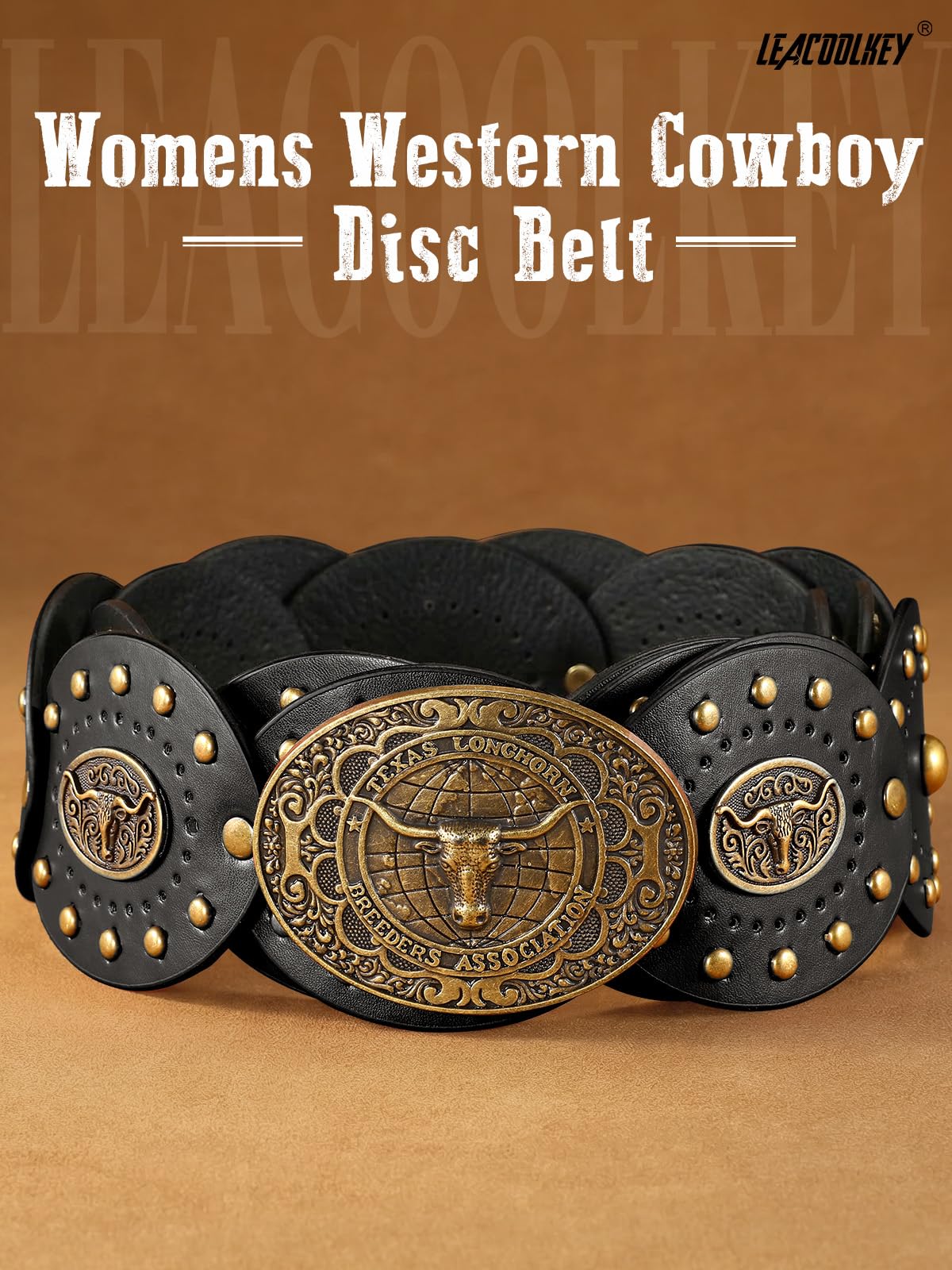 LEACOOLKEY Women's Boho Disc Belt Cowboy Wide Western Concho Leather Belt for Dresses Jeans Pants