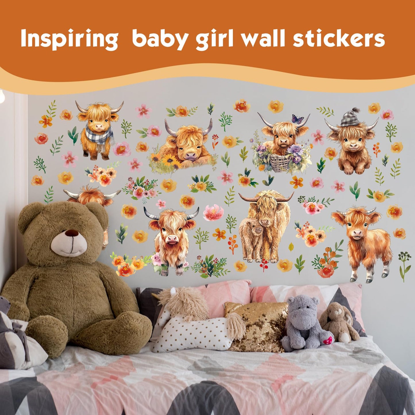 Yinder 12 Sheet 78 Pcs Highland Cow Wall Decals Baby Wall Stickers Cute Highland Cow Sticker for Kids Baby Room Bedroom Bathroom Classroom Living Room Nursery Decor
