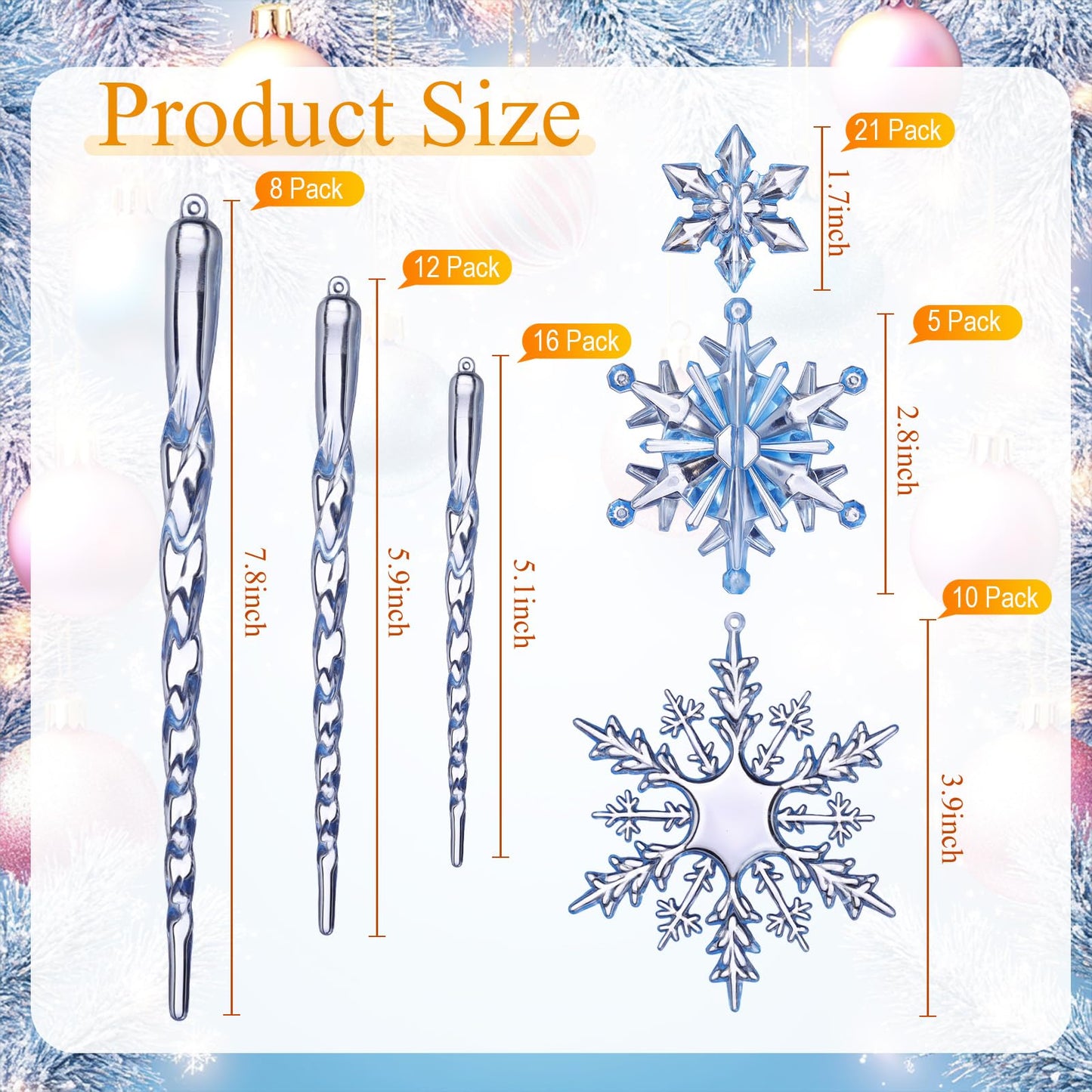 Chuangdi 72 Pcs Snowflake Icicle Ornaments for Christmas Tree Twisted Glitter Icicles Acrylic Hanging Drop Decoration for Winter Xmas Holiday Party New Year Outdoor Supplies(Clear Blue)