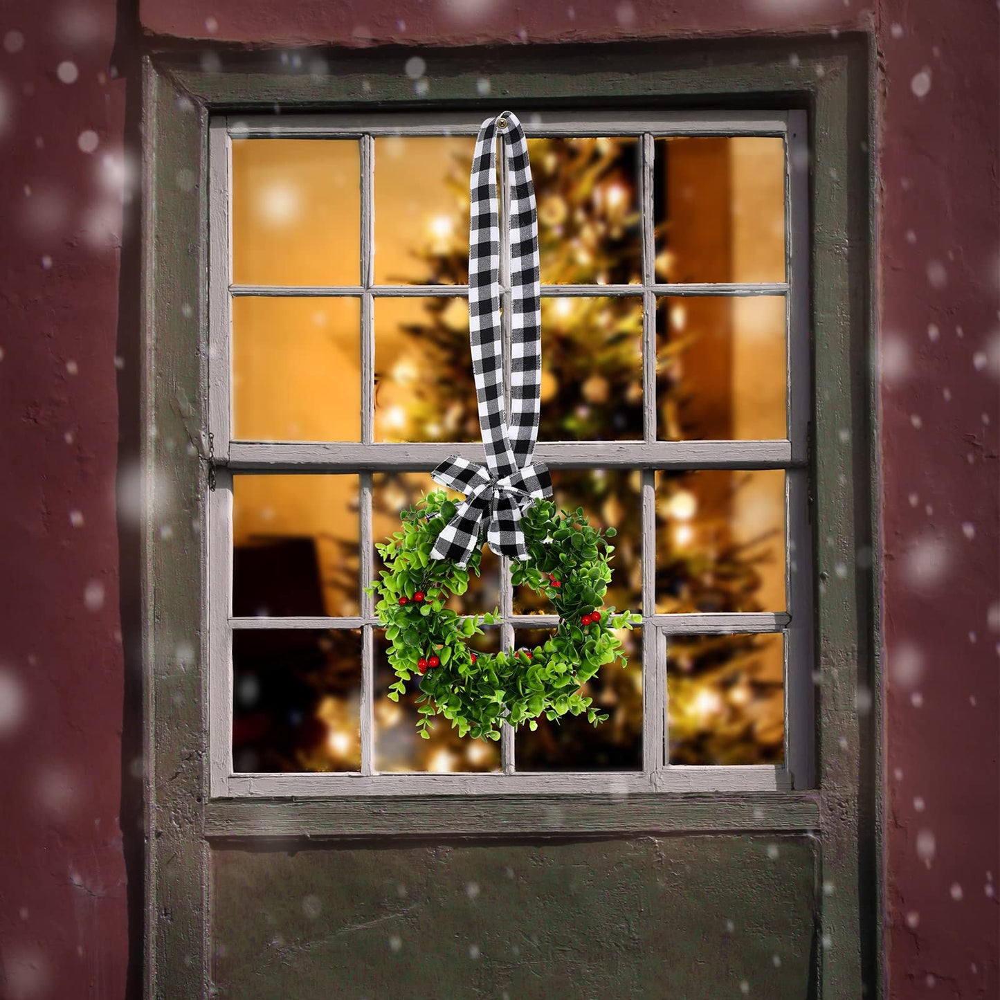Canlierr 6 Pcs 8 Inch Christmas Kitchen Cabinet Wreaths with 31.5inch Ribbon Small Mini Christmas Wreath for Window Door Chair Wall Xmas Decoration(Plaid)