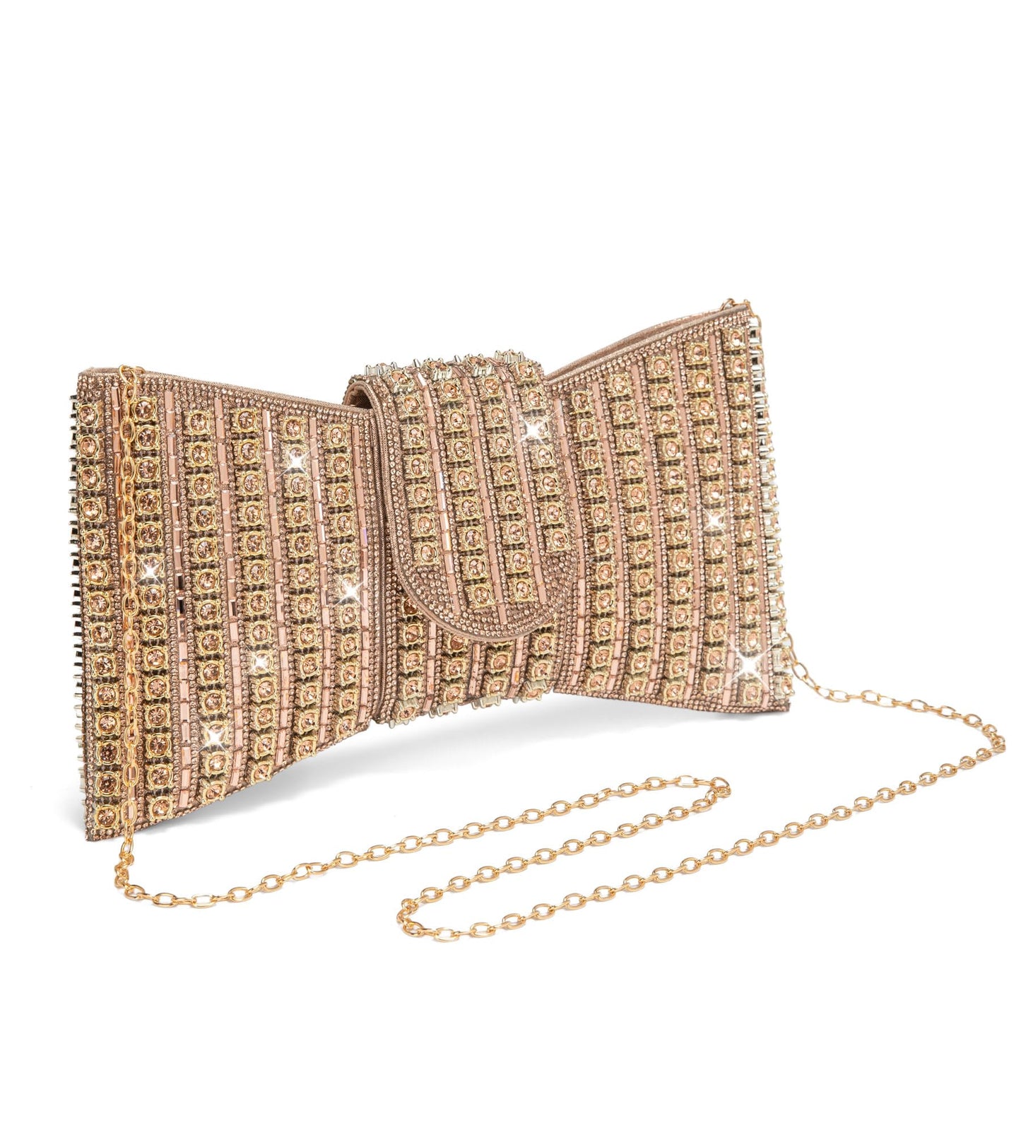 Sweetovo Sparkling Rhinestone Clutch Purse for Women, Elegant Bowknot Shaped Crystal Evening Bag for Wedding Prom Party (B-Champagne Gold)
