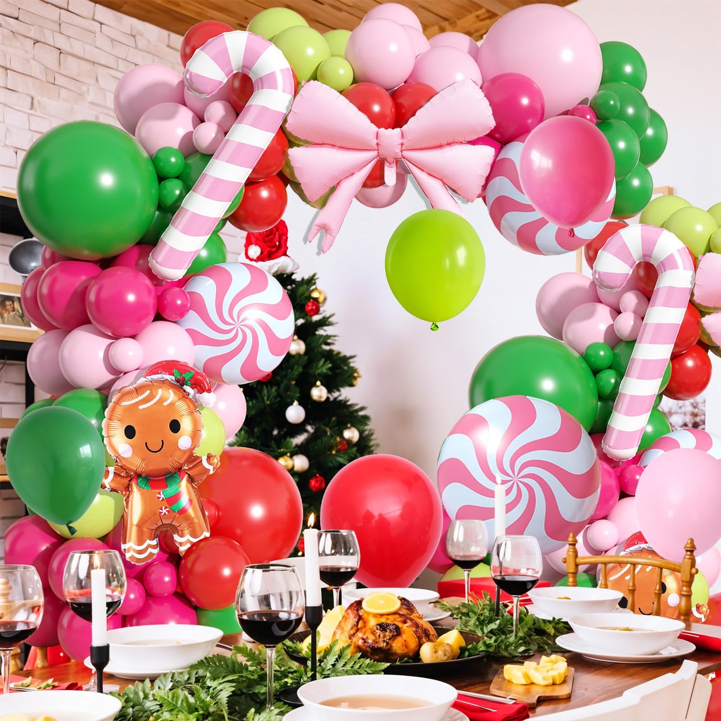 Christmas Balloons Arch Kit, 125 PCS Hot Pink Green Red Christmas Balloons, Gingerbread Balloon Garland with Candy Cane Bow & Gingerbread Foil Decorations for Party