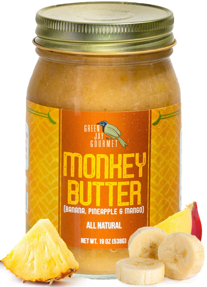 Green Jay Gourmet Monkey Butter - All-Natural, Gluten-Free Banana Butter - Pineapple Spread with Bananas & Mango - Gourmet Fruit Butter - No Corn Syrup, Preservatives or Trans-Fats - 19 Ounces