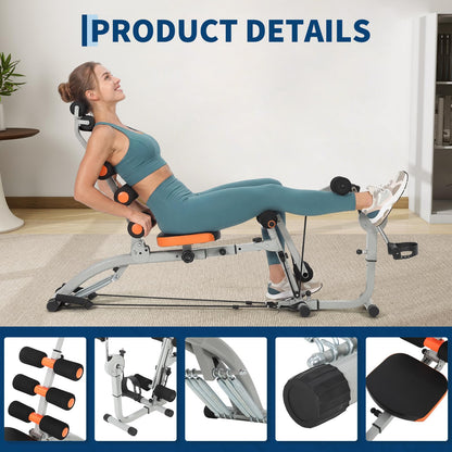 Multifunctional Ab Machine with Pedals, Adjustable Sit Up Bench, Core Workout Bench for Abdominal Training, Foldable Home Gym Fitness Equipment with Ergonomic Back Support, Full Body Exercise