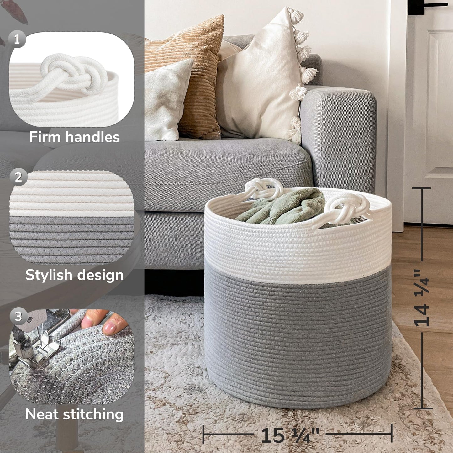 Goodpick Toy Basket for Kids, Woven Rope Blanket Basket for Living Room Nursery Baby Laundry Baskets for Organizing Clothes, Gray