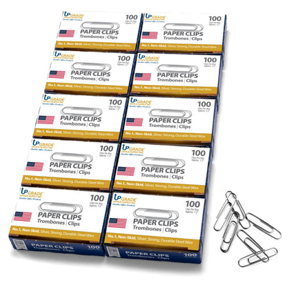 Upgrade Office Supply Paper Clips No. 1, Non Skid, 1.2 Inch, 1000 Count (10 Boxes of 100), Silver, USA