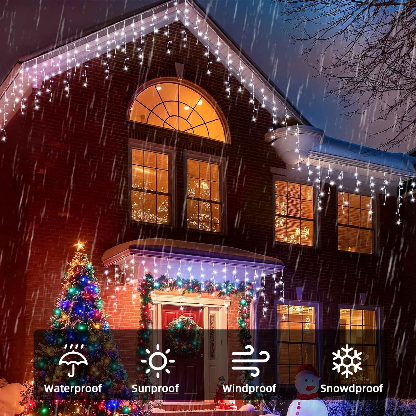 BYIZO Christmas Outdoor Icicle Lights - 480 LED 66+33 FT 8 Modes Curtain Fairy String Light Plug in, Waterproof for Eaves Yard Holiday Xmas Holiday Indoor Outdoor Decoration - White
