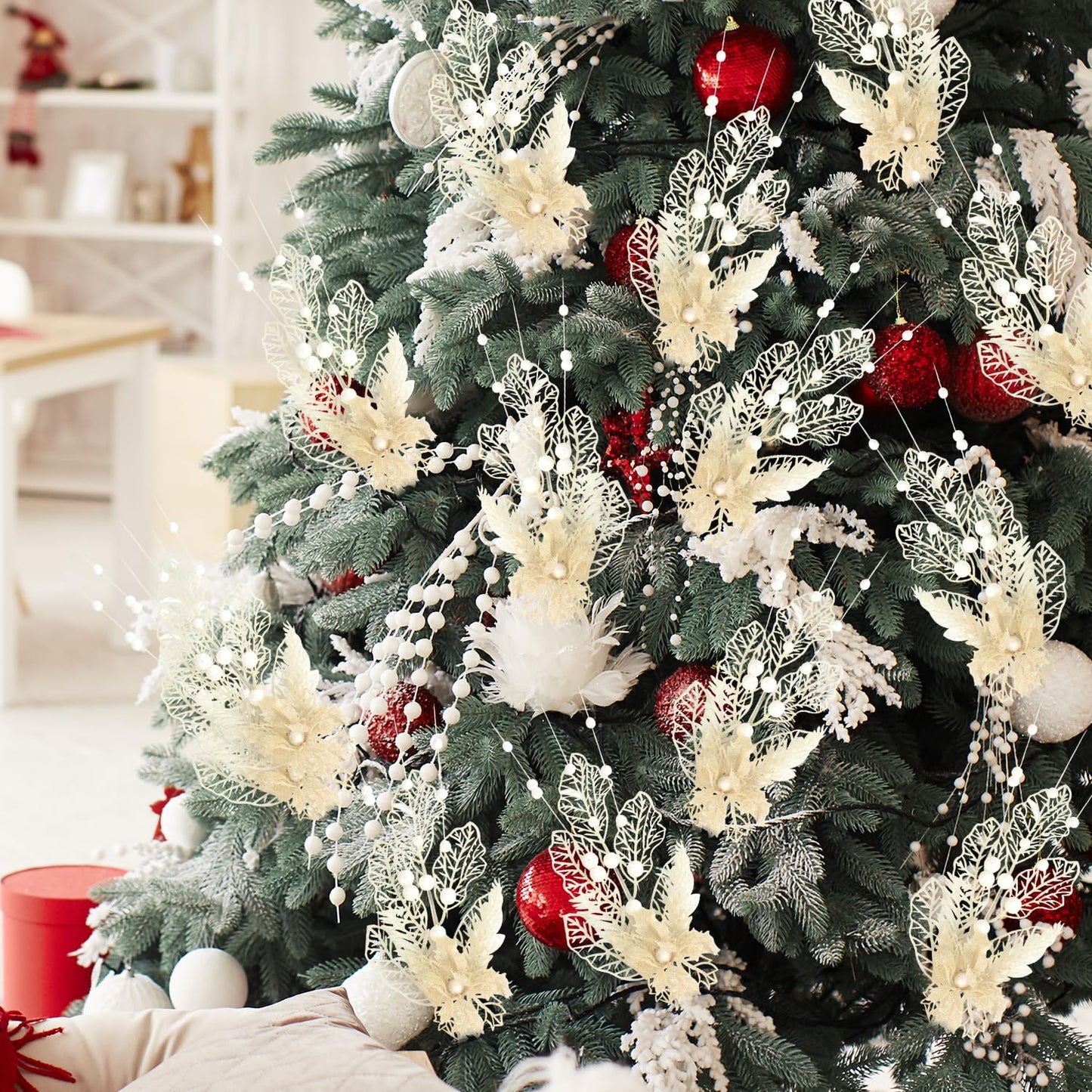 12 Pcs 16.3 Inch Christmas Tree Picks for Christmas Decoration Tree Glitters Christmas Picks Sprays with Flowers Berry Leaves Christmas Glitter Berries Stems for Xmas Tree Ornaments(White)