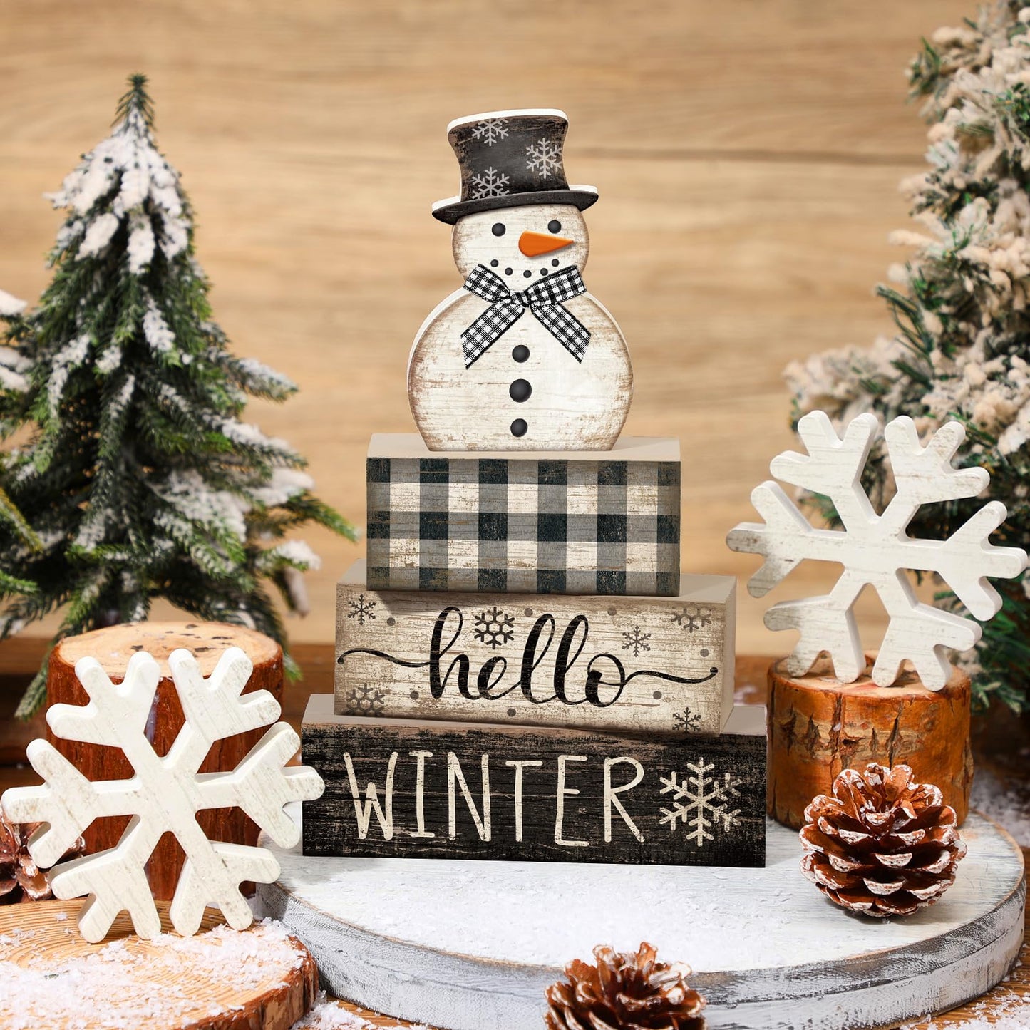 Colingmill 6 Pcs Snowman Christmas Decor Winter Table Decorations Xmas Tiered Tray Decor Wooden Snowman Snowflake Signs Christmas Table Centerpiece for Farmhouse Home Kitchen Shelf Office Decoration