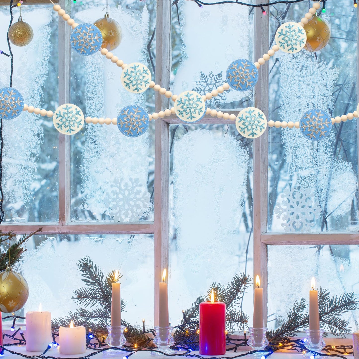 RGISHOP Felt Snowflake & Wood Bead Garland - 6.5FT Christmas Decorations for Home Fireplace Wall Hanging