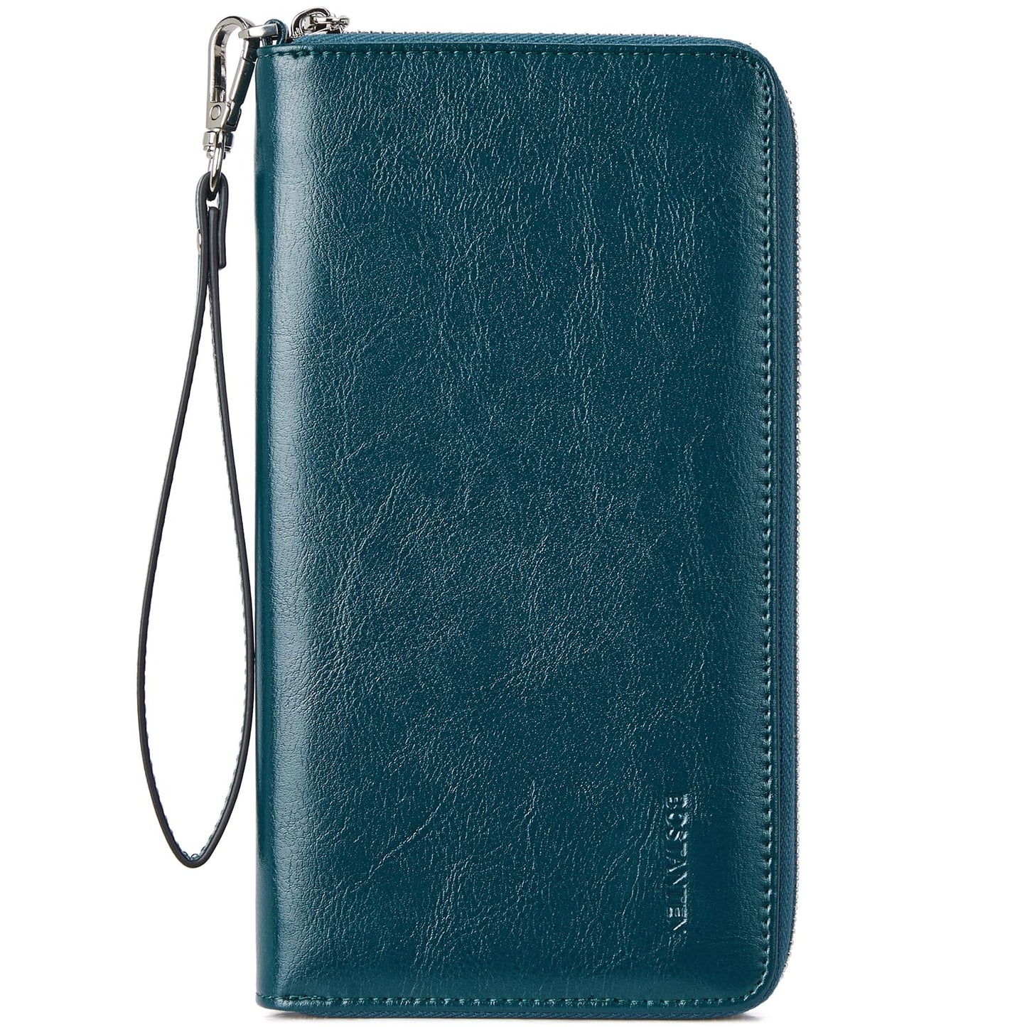 BOSTANTEN Leather Wallet for Women RFID Blocking Zip Around Credit Cards Holder Phone Clutch Peacock Blue