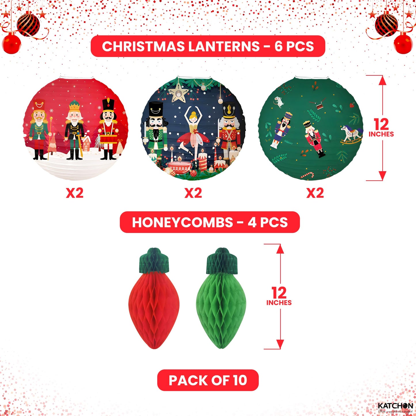 KatchOn, Hanging Christmas Decorations Indoor – 10 PCS | Festive Christmas Paper Lanterns & Honeycomb Ornaments | Nutcracker christmas Decor | Holiday Hanging Decor | Nut Cracker Ornaments
